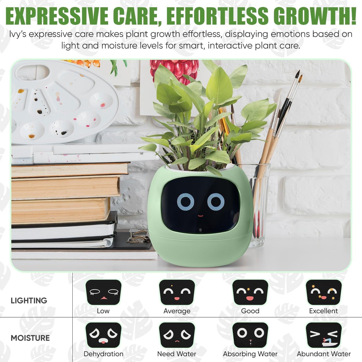 Interactive Plant Pot – Smart Planter, AI Pet Plantagotchi, tamagotchi, Leafypod and Plantiboy, Robot Flower with Feelings, Electric Maceta, Indoor Flowerpot with Water, Digital Gifts (green)