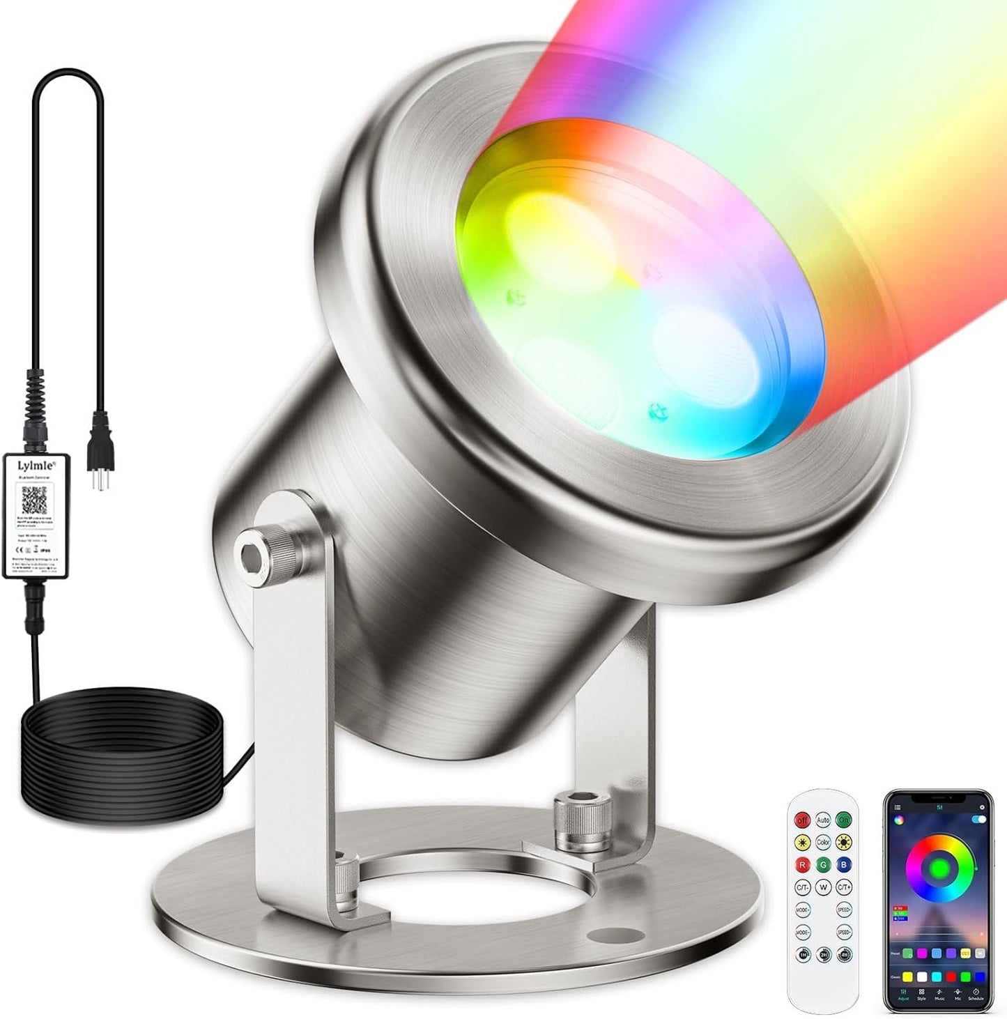 LyLmLe LED Pond Lights with APP Control, 6W SS316 Stainless Steel RGB Underwater Fountain Light with 12V Transformer, IP68 Waterproof Outdoor Underwater Lights for Pond Waterfall, Black Wire