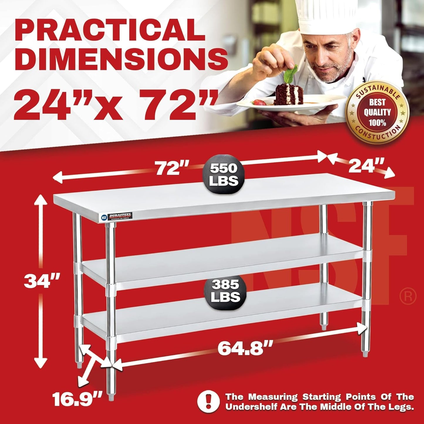 DuraSteel Food Prep Stainless Steel Table - 24 x 72 Inch Commercial Metal Workbench with Adjustable Under Shelf - NSF Certified - for Restaurant, Warehouse, Home, Kitchen, Garage