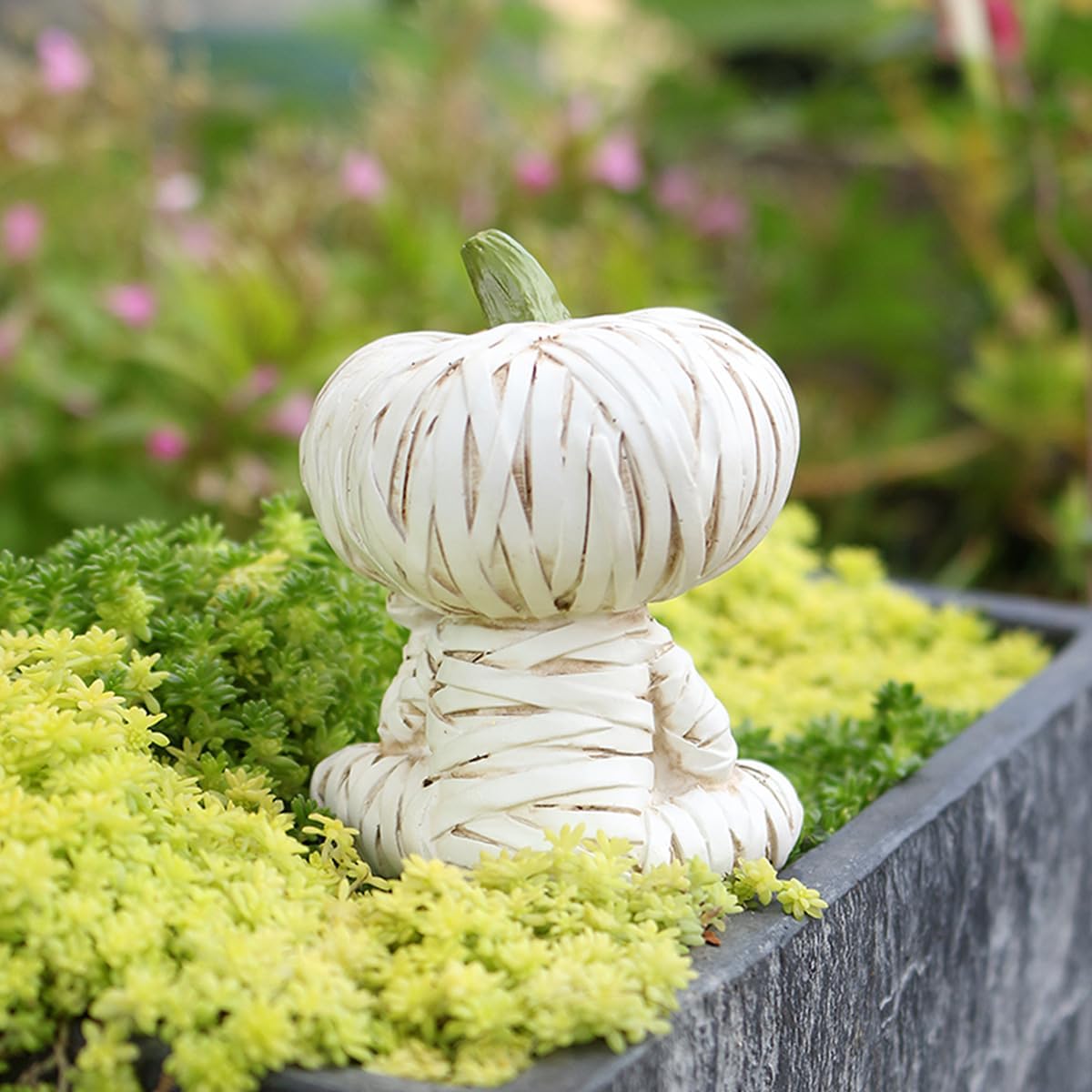 Fishing Pumpkin Head Mummy Statue Funny Halloween Decorations, 3.15 Inch Cute Sitting Figurine Shelf Sitter Resin Sculpture for Outdoor Garden Yard Lawn Pond Waterfalls Pool Ornaments