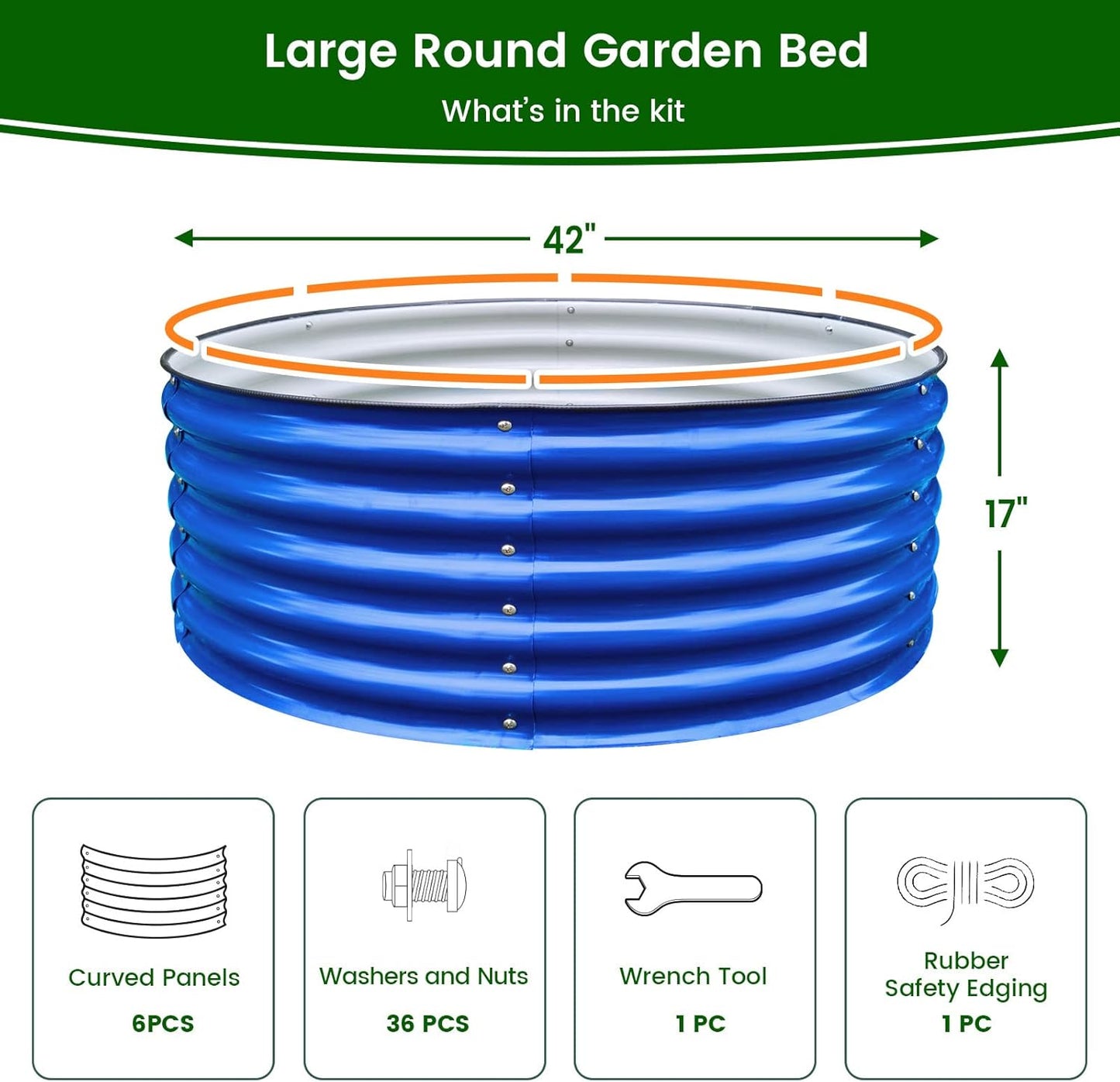 17" Tall, 42" Round Blue Raised Garden Bed Kit, Galvanized Metal Raised Garden Beds Outdoor for Vegetables Flowers,3.5 * 3.5 * 1.4Ft,Cobalt Blue
