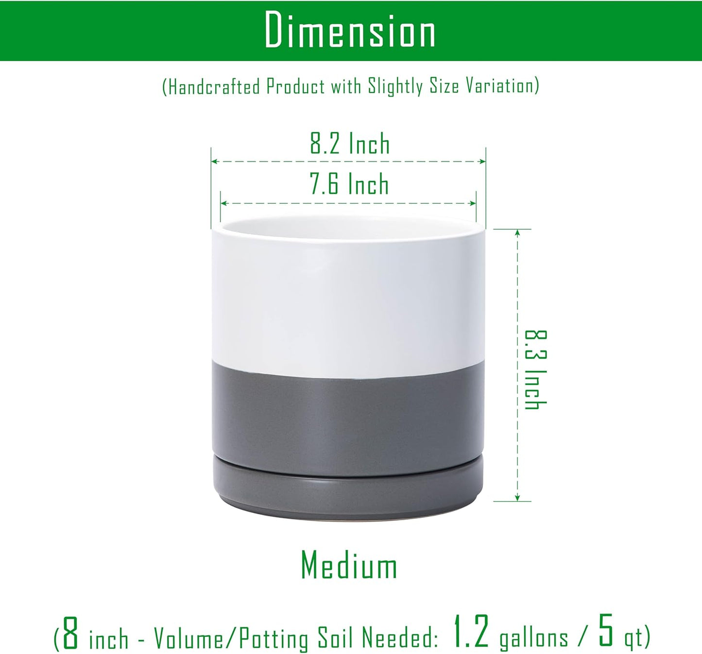 D'vine Dev Set of 2 Plants Pots, 8.2 Inch Ceramic Planter Pot for Plants with Drainage Hole and Saucer, White/Speckled Grey, 94-V-D-6