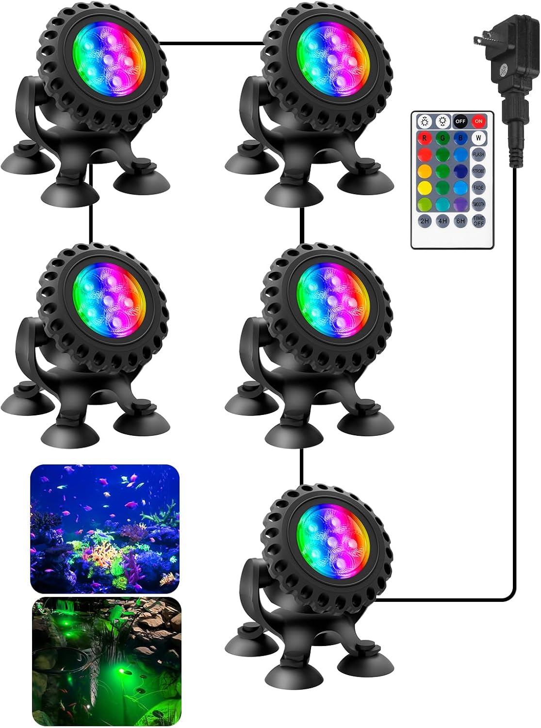 T-SUN Colored Pond Lights with Timer, LED Underwater Pond Light Submersible Fountain Lights for Fish Tank Landscape Spotlight - Remote Control, IP68 Waterproof, Aquarium, Waterfall, Yard (Set of 5)