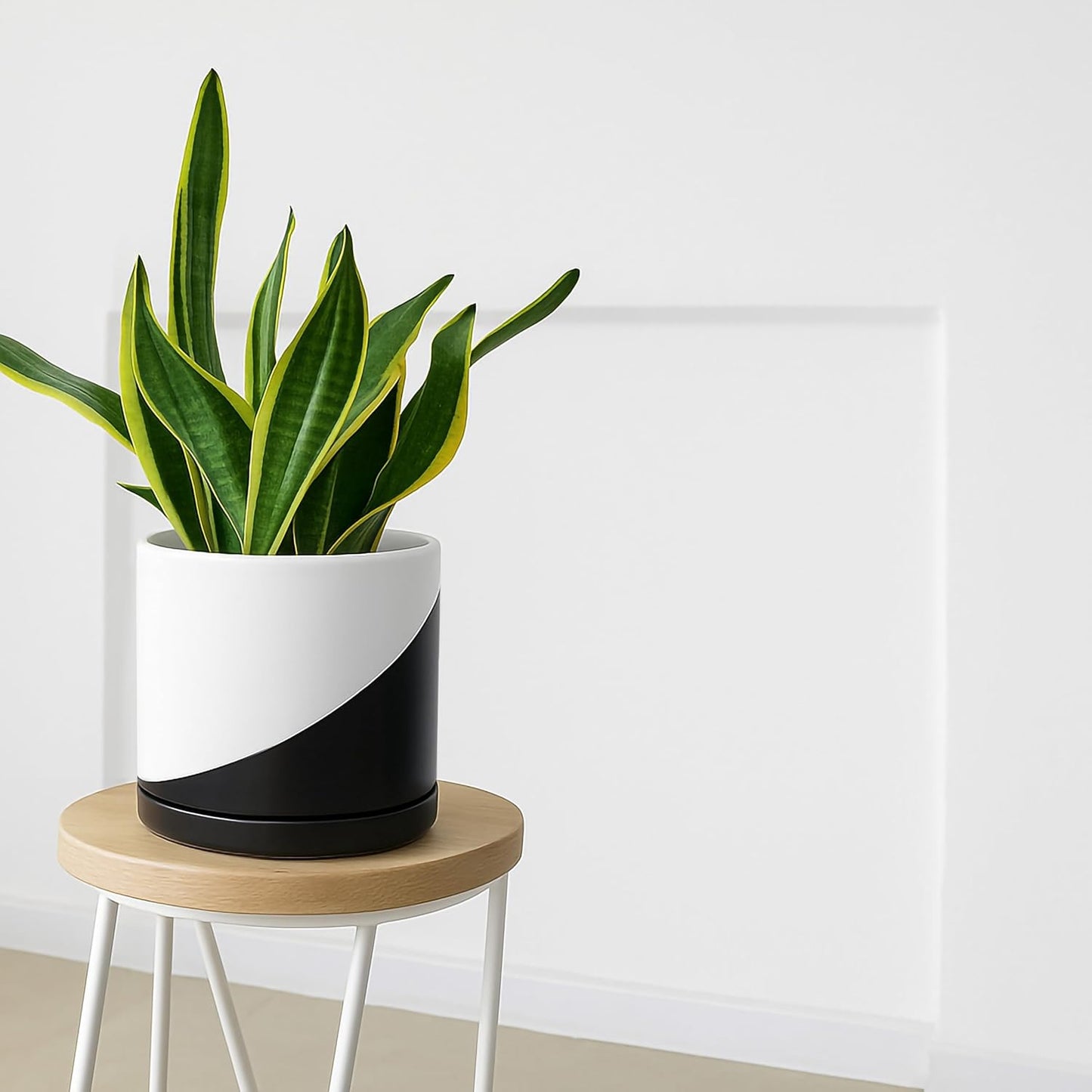 D'vine Dev 10 Inch Ceramic Planter Pot with Drainage Hole and Saucer, Indoor Cylinder Round Planter Pot, Oblique Monochrome Black and White, 94-O-E-K