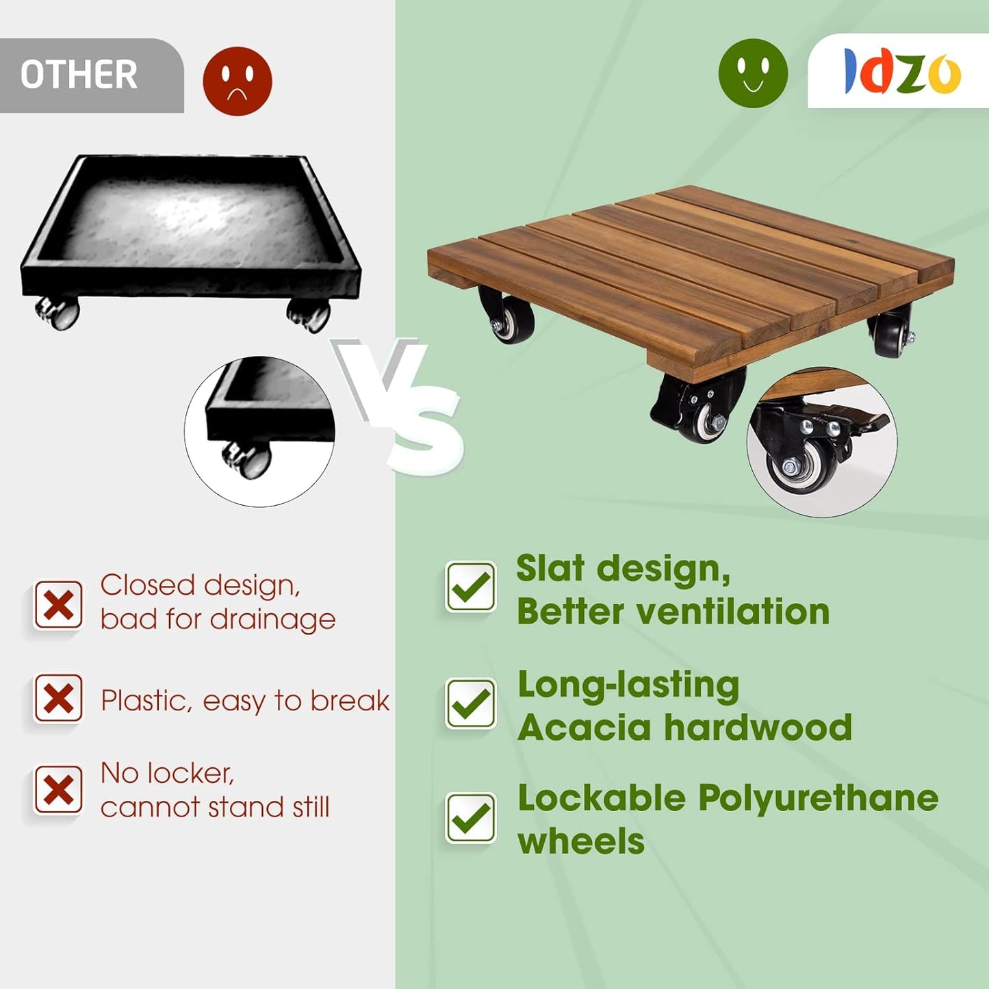 Idzo 2-Pack 14 Inch Wood Plant Caddy with Wheels Heavy Duty, 264 lbs Acacia Hardwood Plant Caster Dolly Rolling Stand with 360° Lockable Wheels for Heavy Plant Pots and Outdoor Use