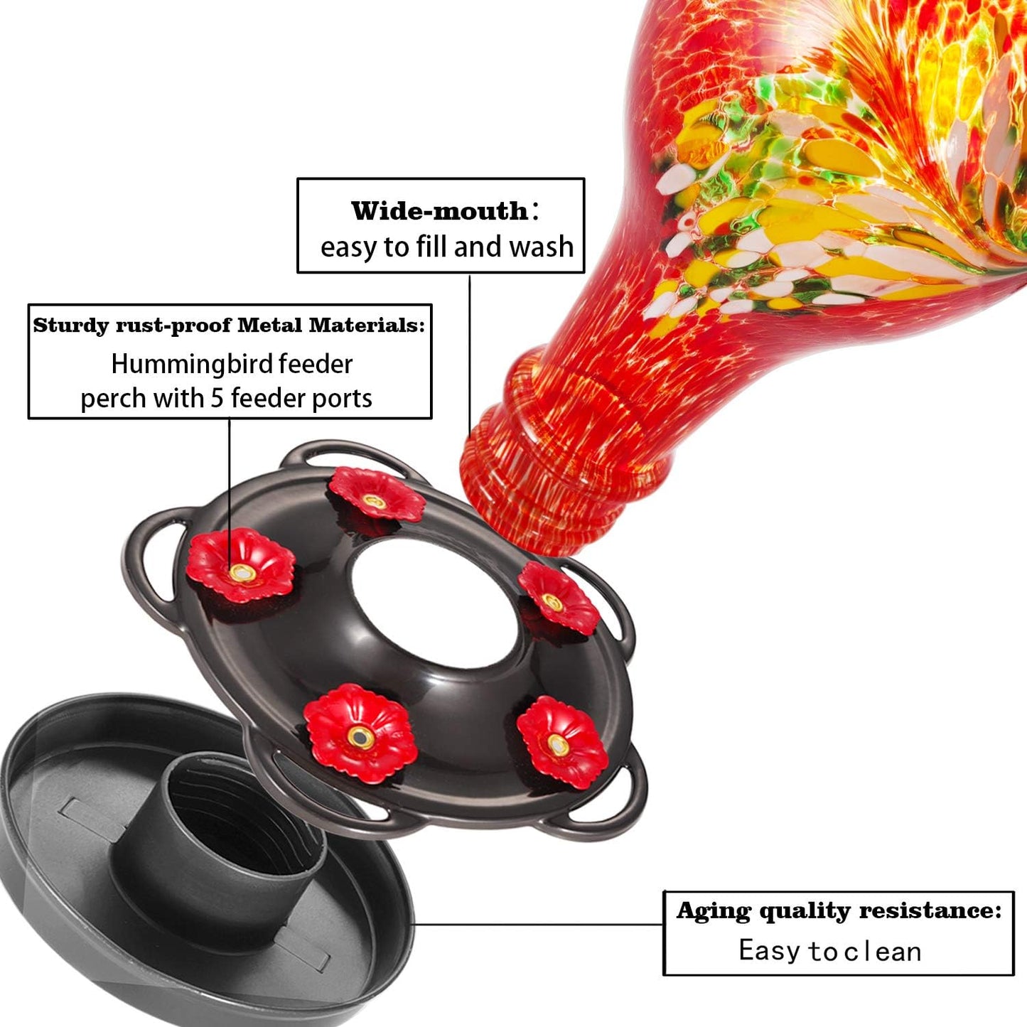 LUJII Hummingbird Feeders for Outdoors, Hand Blown Glass, Never Fade, 36 Fluid Ounces, 5 Feeding Stations, Much Bigger, Garden Backyard Decorative, Containing Ant Moat (Red)