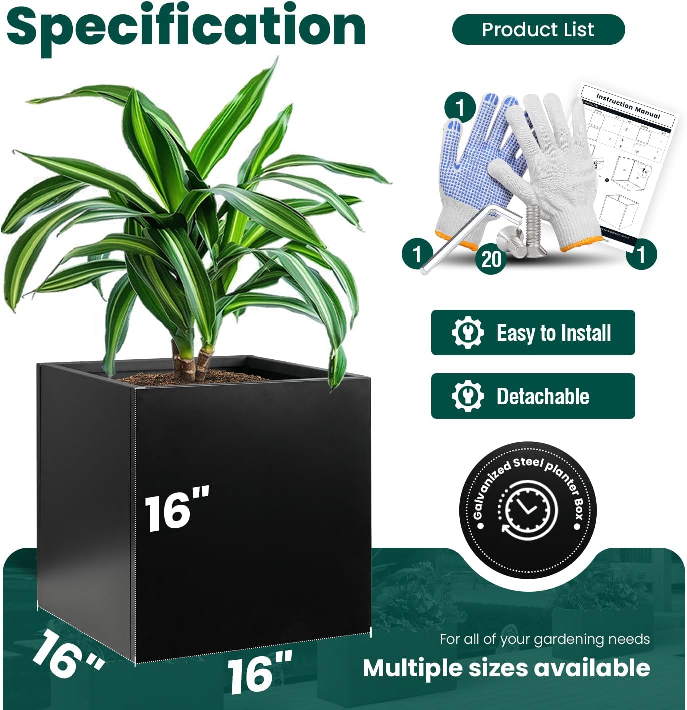 Galvanized Steel Planter Box Black Metal Planter Large Square Indoor Outdoor Planters Cube Steel Heavy Duty Flower Pot 16Inch Powder Coating Modern Commercial Residential for Patio, Deck, Yard, Garden