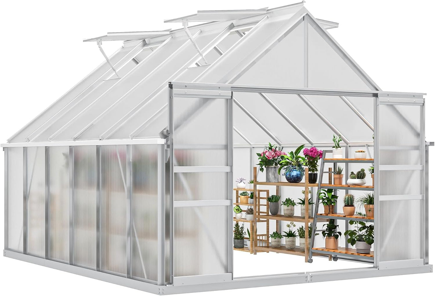 DWVO 10x12FT Polycarbonate Greenhouse Heavy Duty Green Houses Outdoor Aluminum Greenhouses with Sliding Doors Vent Window Premium Walk-in Greenhouse Large Sun House for Garden Backyard, Silver