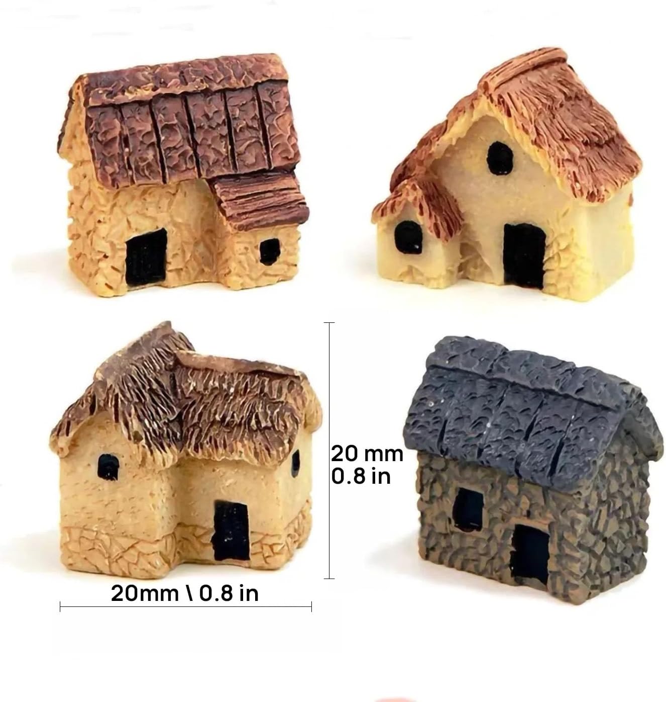 Fairy Miniature Tiny Thatched Cottage, Stone House, Terrarium Accessories, Mini Fairy Garden Supplies (Set of 4 or 1) (4pcs Thatched Cottage)