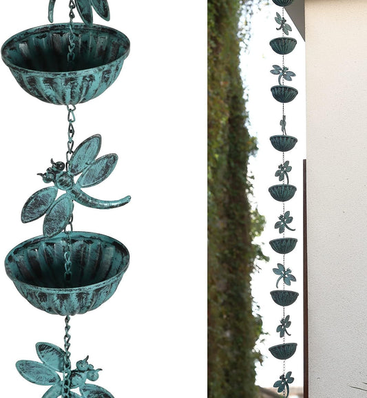 Iron Dragonfly & Cups Rain Chains, 12 Ft Replacement Downspout for Gutters, Antique Blue