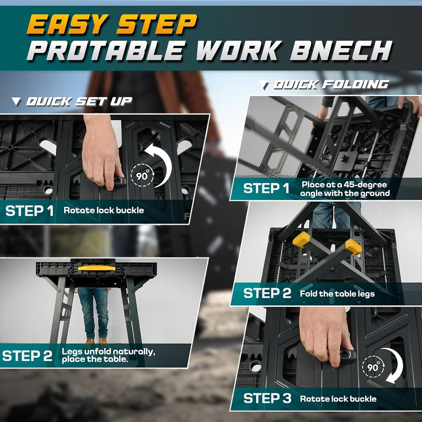 Foldable Work Bench,Easy Step Protable Work Table,34" W x 25" D x 31" H Lightweight Workbench wih 1650 LBS,Work Benches for Garage,Work Bench Suitable for Garage,Workshop and Home (Yellow)