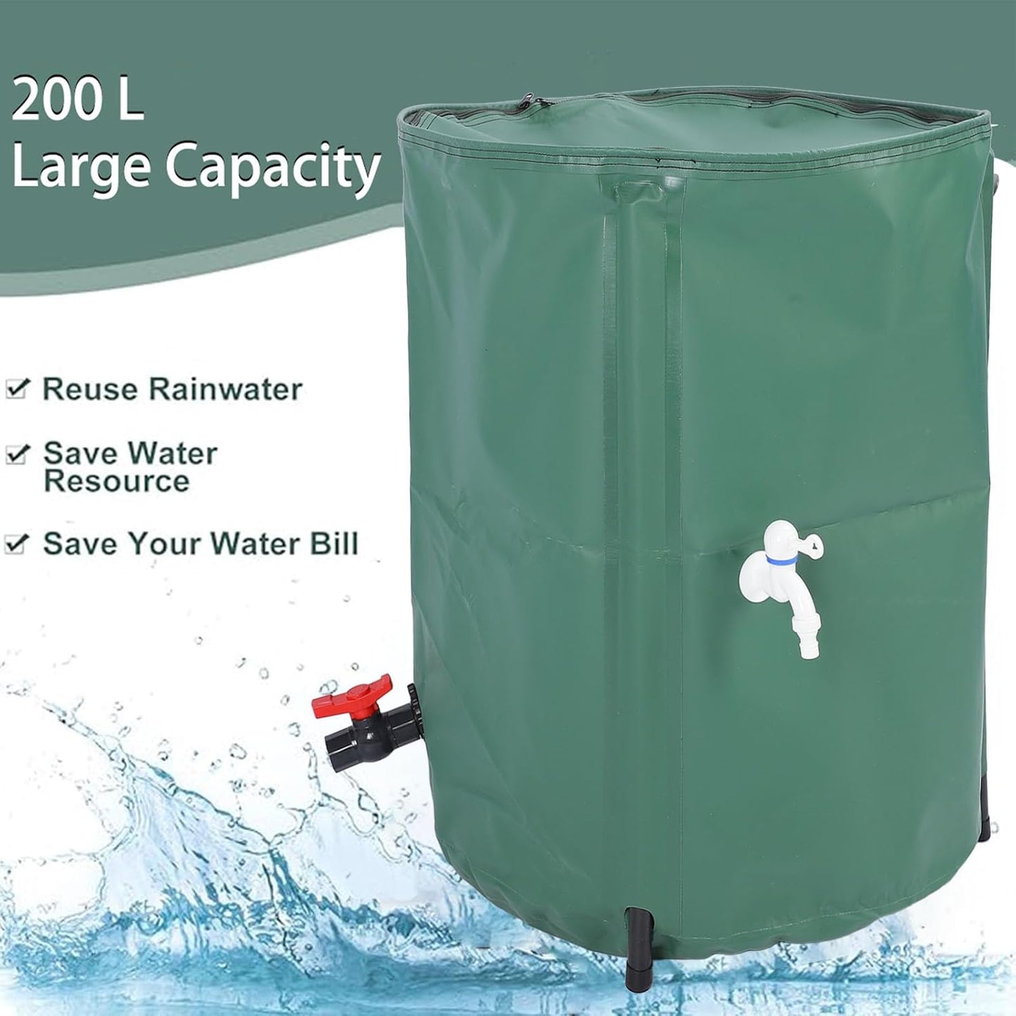 Rain Barrel, 53 Gallon Portable Foldable Rain Water Collection Tank Collapsble Rainwater Storage Container Water Collect System Downspout with 2 Spigots for Garden Landscape