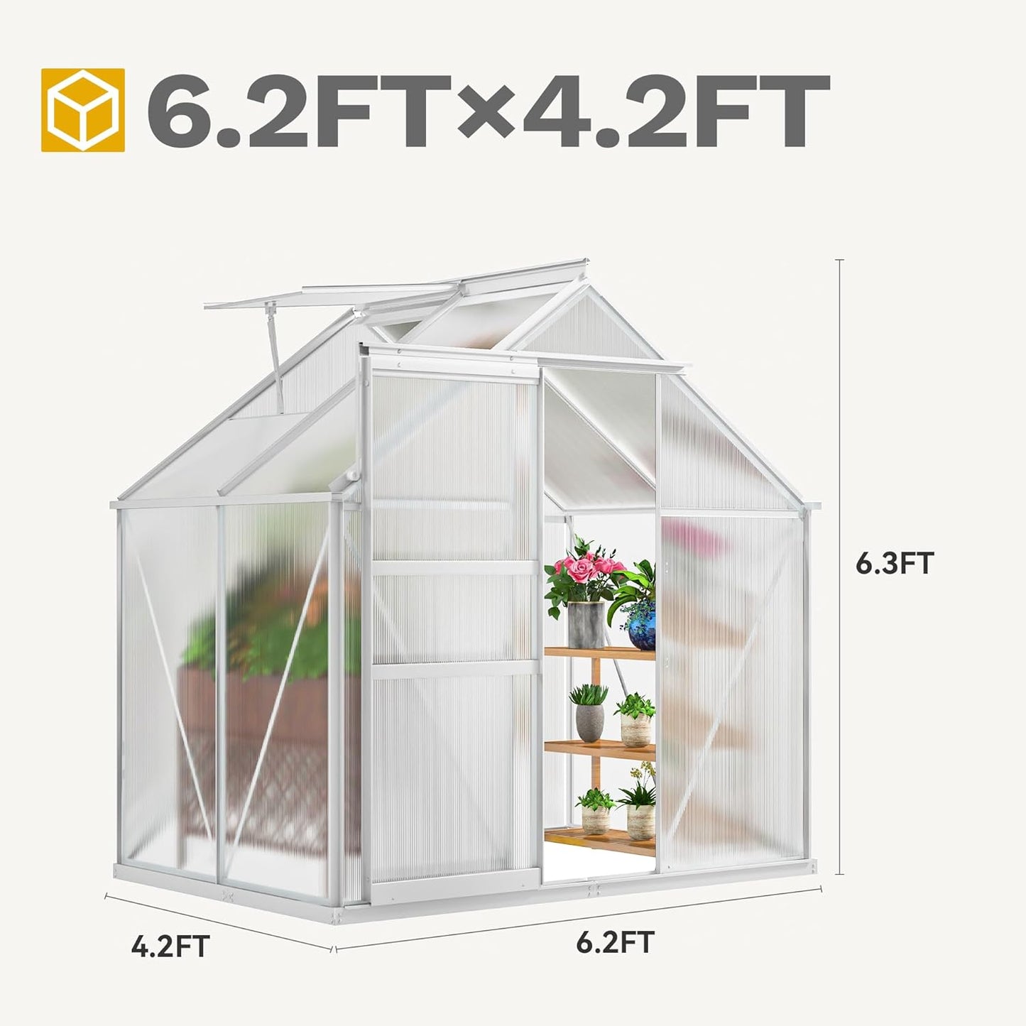 DWVO 6x4FT Polycarbonate Greenhouse Heavy Duty Green Houses Outdoor Aluminum Greenhouses with Sliding Doors Vent Window Premium Walk-in Greenhouse Large Sun House for Garden Backyard, Silver