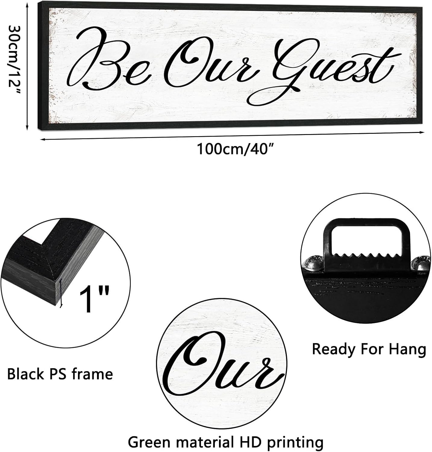 HLJ ART Be Our Guest Wall Decor: Farmhouse Bedroom Art Above Bed, 12" x 40" Framed Large Guest Room Signs, Rustic Country Decorative Plaques for Home Living Room Kitchen