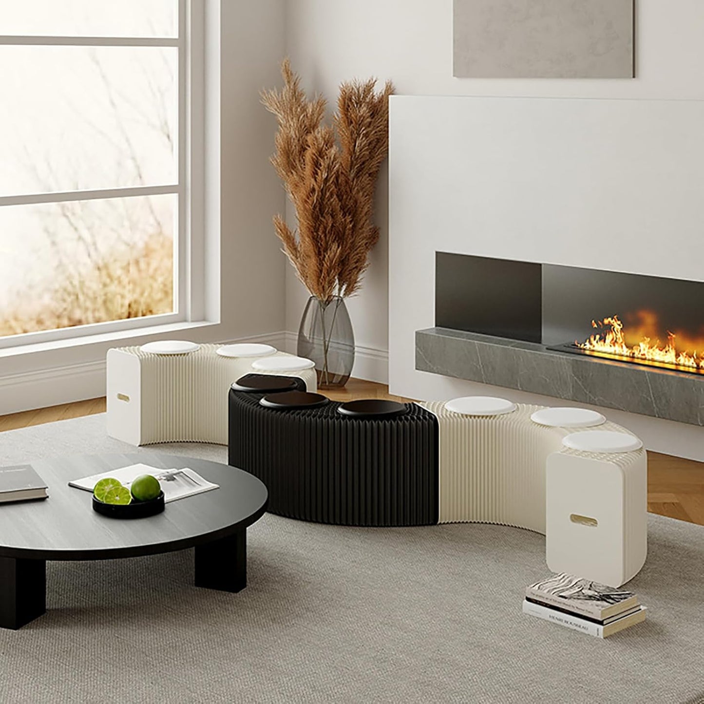 Foldable Kraft Paper Stool, Honeycomb Accordion Folding Bench, Collapsible Paper Stool for Small Spaces, Portable Footrest and Side Table for Living Room and Office,Black-30×30×150cm