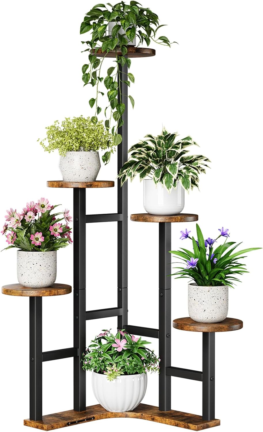 Corner Plant Stand Indoor, 6 Tiered Corner Plant Shelf Flower Stand for Multiple Plants, Plant Shelves Organizer Rack for Living Room, Balcony, Patio, Garden, Round Rustic Brown