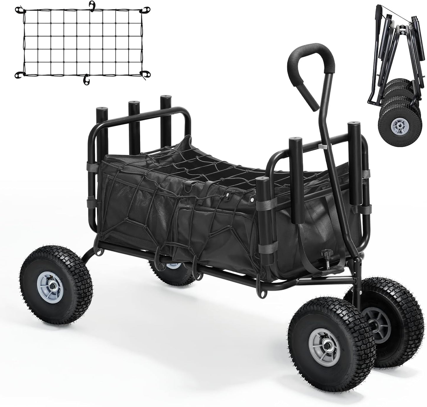 Fishing Cart Beach Cart Collapsible Wagon with 11”All Terrain Big Wheels,Heavy-Duty Garden Carts with 6 Holders and Storage Pocket for Outdoor,Fishing, Picnic