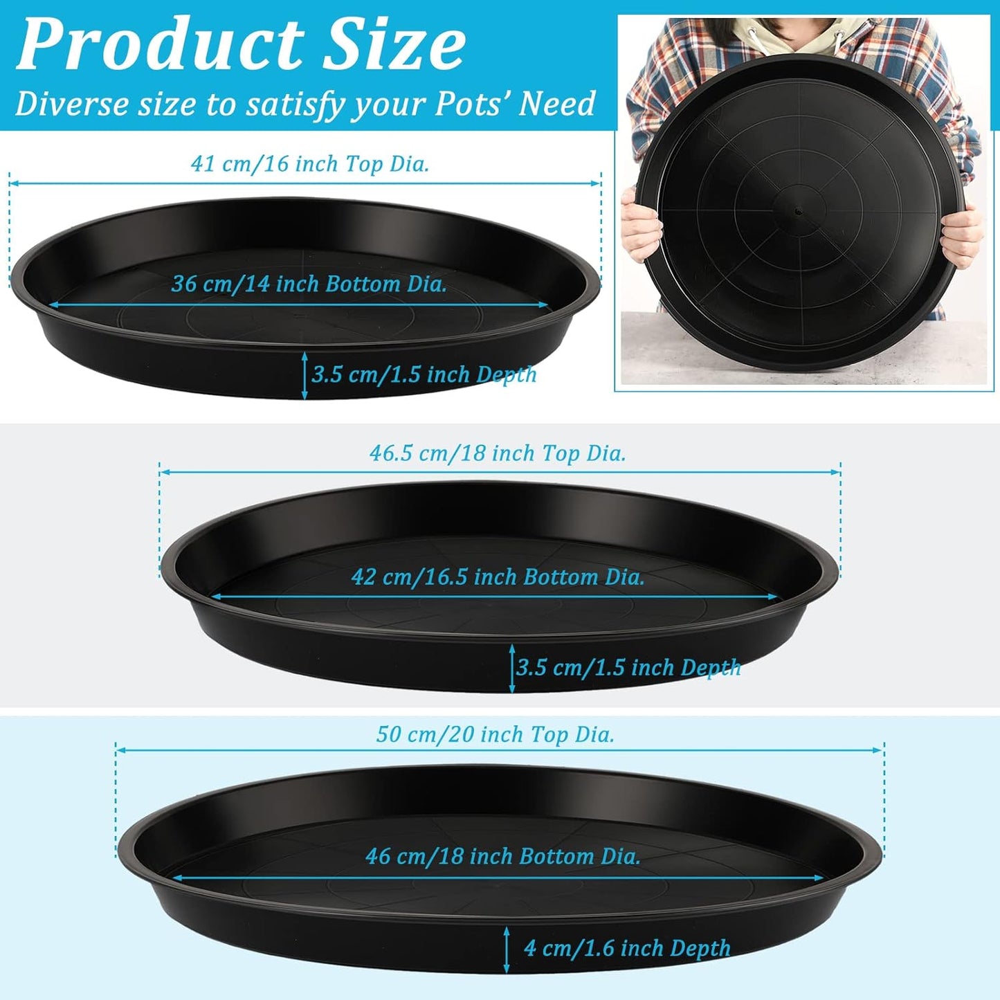 Eccliy 12 Pcs Plastic Plant Saucers Round Plant Tray Large Flower Pot Heavy Duty Planter Water Trays Thick Planter Drip Saucers for Indoors and Outdoors(16, 18 and 20 Inch,Black)
