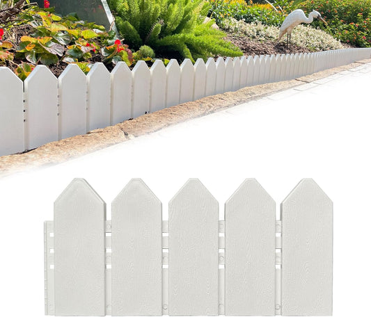 Garden Edging Border Kit 6.7 in Tall Decorative Double-Sided Wood-Look Fence Garden Border, Flower Bed Edging with 20 Anchoring Spikes, 9.3 Foot Kit (White)