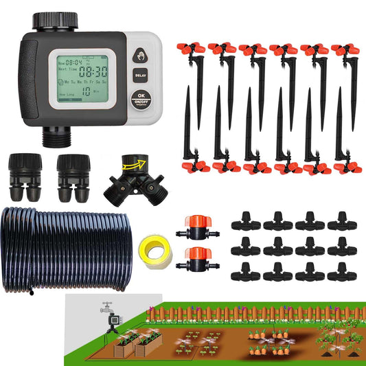 Drip Irrigation Kit Automatic Watering System with Water Timer 64FT 1/4 Tubing and 12 Rain Spray Watering Nozzles in 4 Directions for Potted Plants Yard Lawn Juvenile Plants Greenhouse Mist