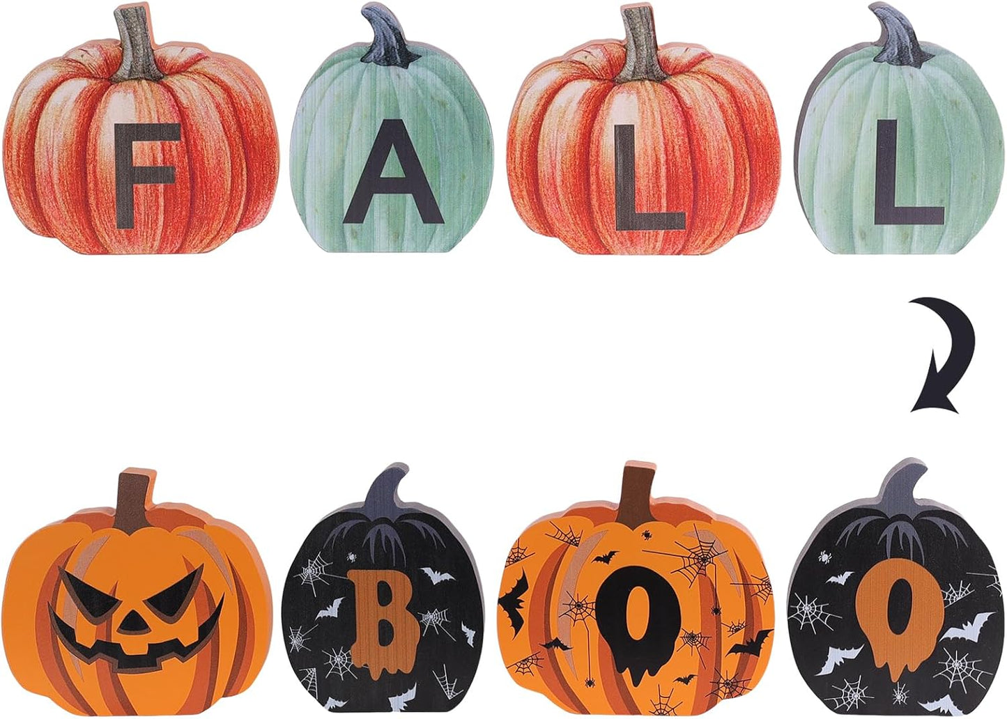 Fall Decorations for Home & Halloween Decorations Indoor, DECSPAS Double-sided Pumpkin Wood Sign with Fall & BOO Lettered, Autumn Wooden Block Set for Table, Tiered Tray, Mantle, Thanksgiving Decor