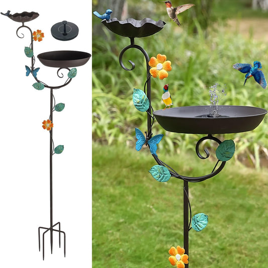 Free Standing Solar Bird Bath, 58" Tall Decorative Birdbath and Feeder Combo, Stake Bird Baths for Outdoors with Solar Fountain, 5 Spikes Floral Accent Birdbaths for Garden Patio Yard Lawn