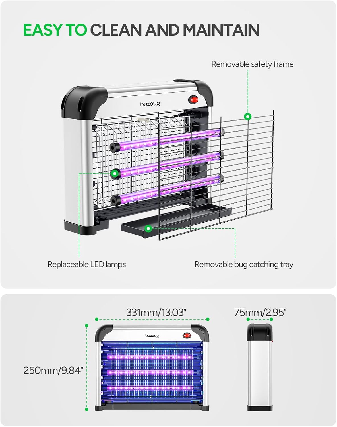 Buzbug LED Bug Zapper Indoor, 10 Years Lifespan 3 Lamps Enhance Insect Attraction, 3800V High-Voltage, Electric Mosquito Zapper, Fruit Fly Mosquito Moth Gnat Trap, Killer, Zapper -MA009