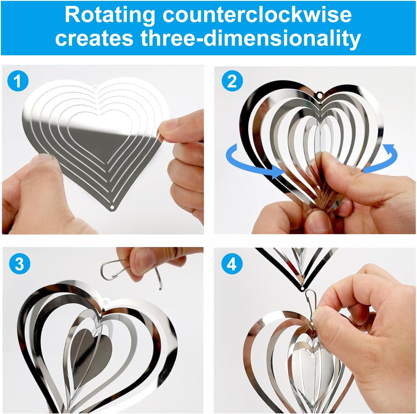 12 Metal Heart Bird Scarer Discs Set, Wind Spinners 3D Helix Reflector Stainless Steel Sparkly Outdoor Garden Decor, Scare Birds & Animals Away from Garden Yard Patio Lawn Farm Wind Sculpture Gifts