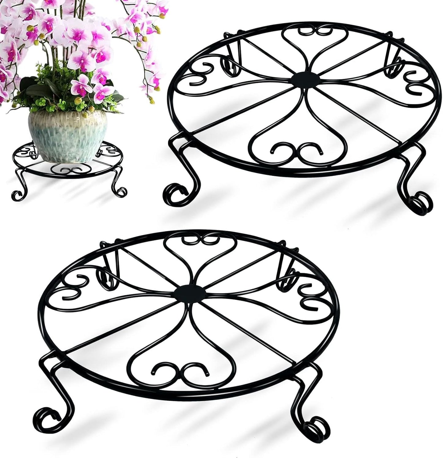 2 packs 12" Black Metal Plant Stands Heavy Duty Plants Holder Outdoor Indoor, Round Wrought Iron Sturdy Flower Planter Pot Stand, Corner Gardening Inside Potted Plant Risers - 12Inches