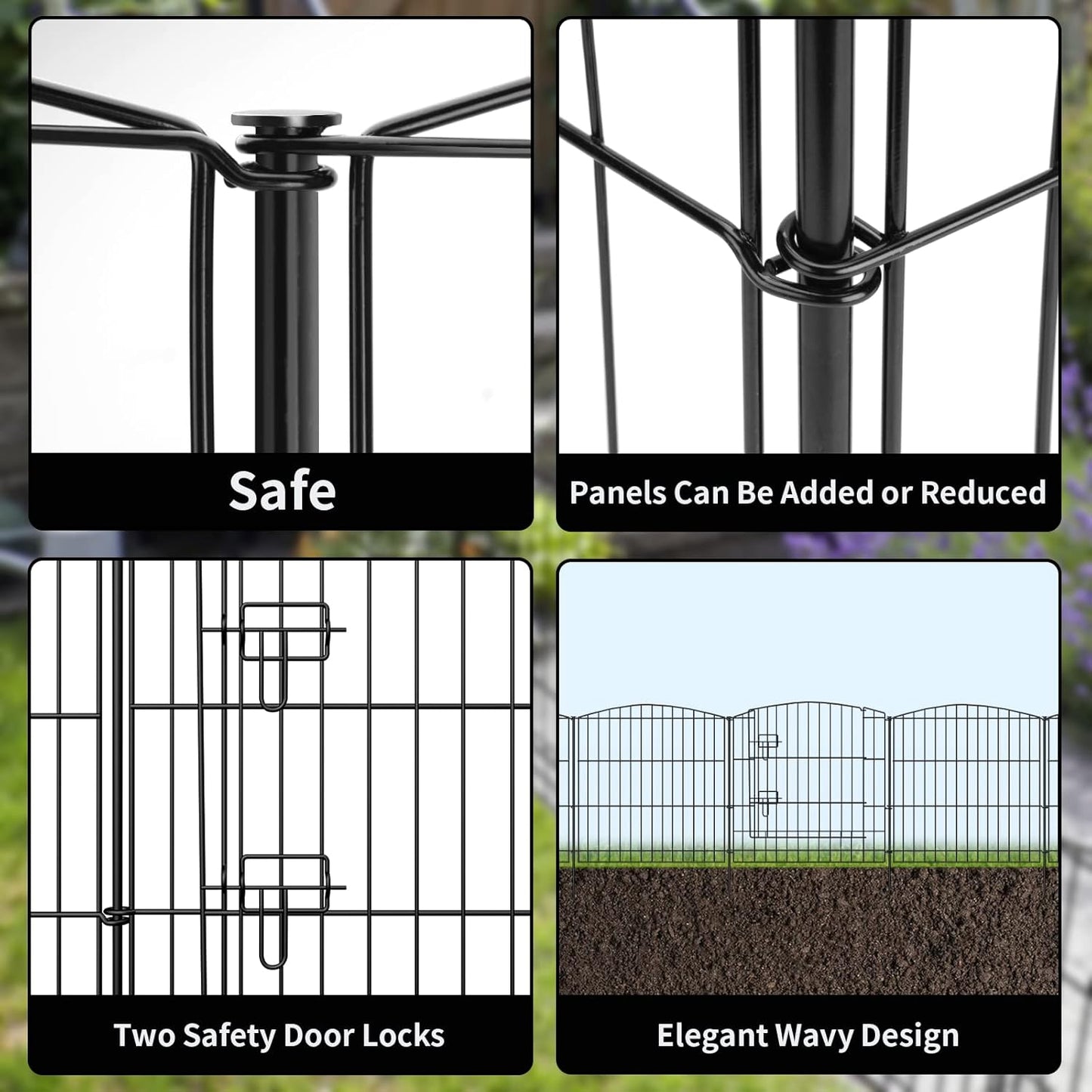 INJOPEXI Decorative Garden Fence 6 Panels 11.8ft (L)×24in (H) with 5 Panels 1 Gate Rustproof Wire No Dig Animal Barrier Fencing for Outdoor Backyard Black