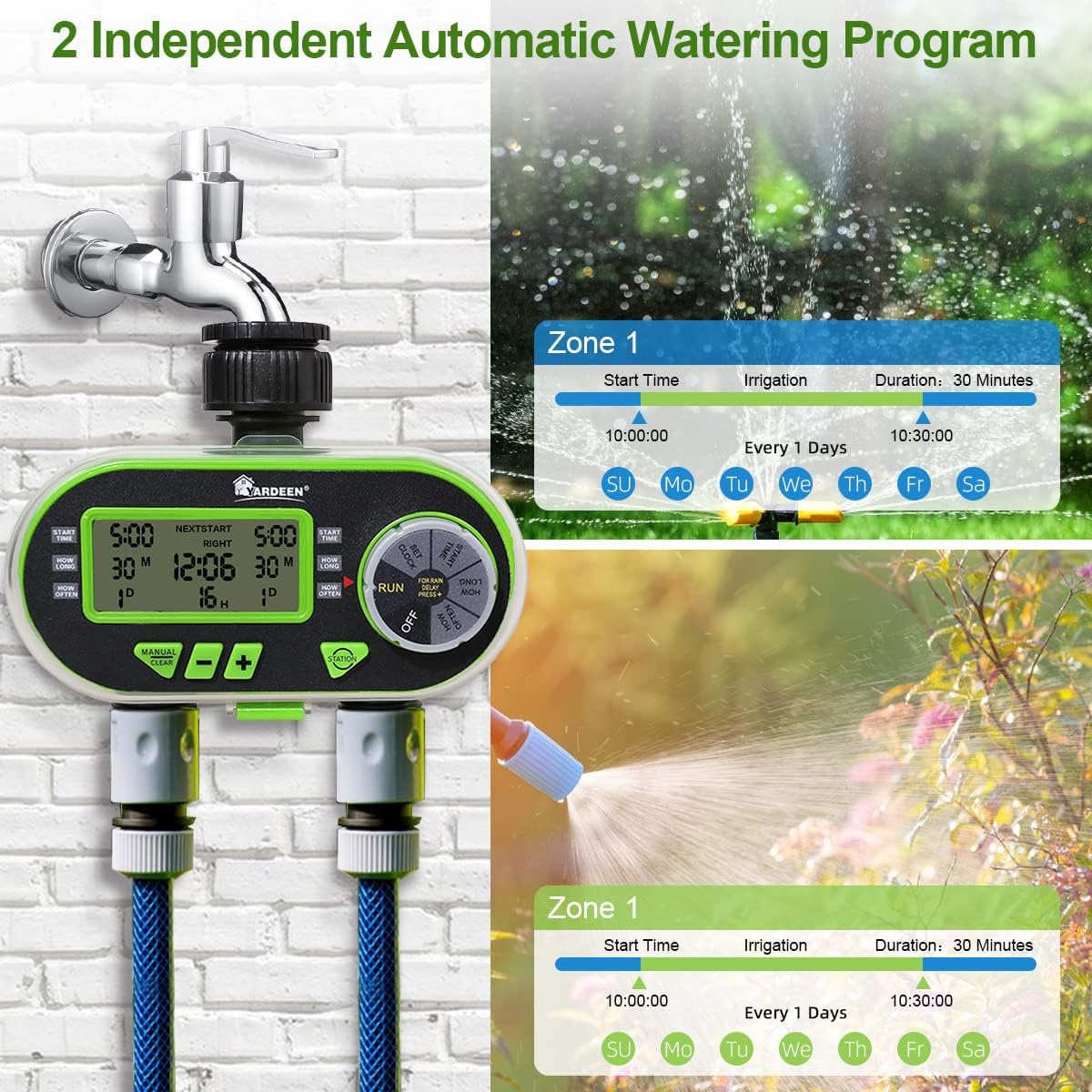 2 Outlet Garden Digital Electronic Water Timer Irrigation Controller for Garden Yard, Green