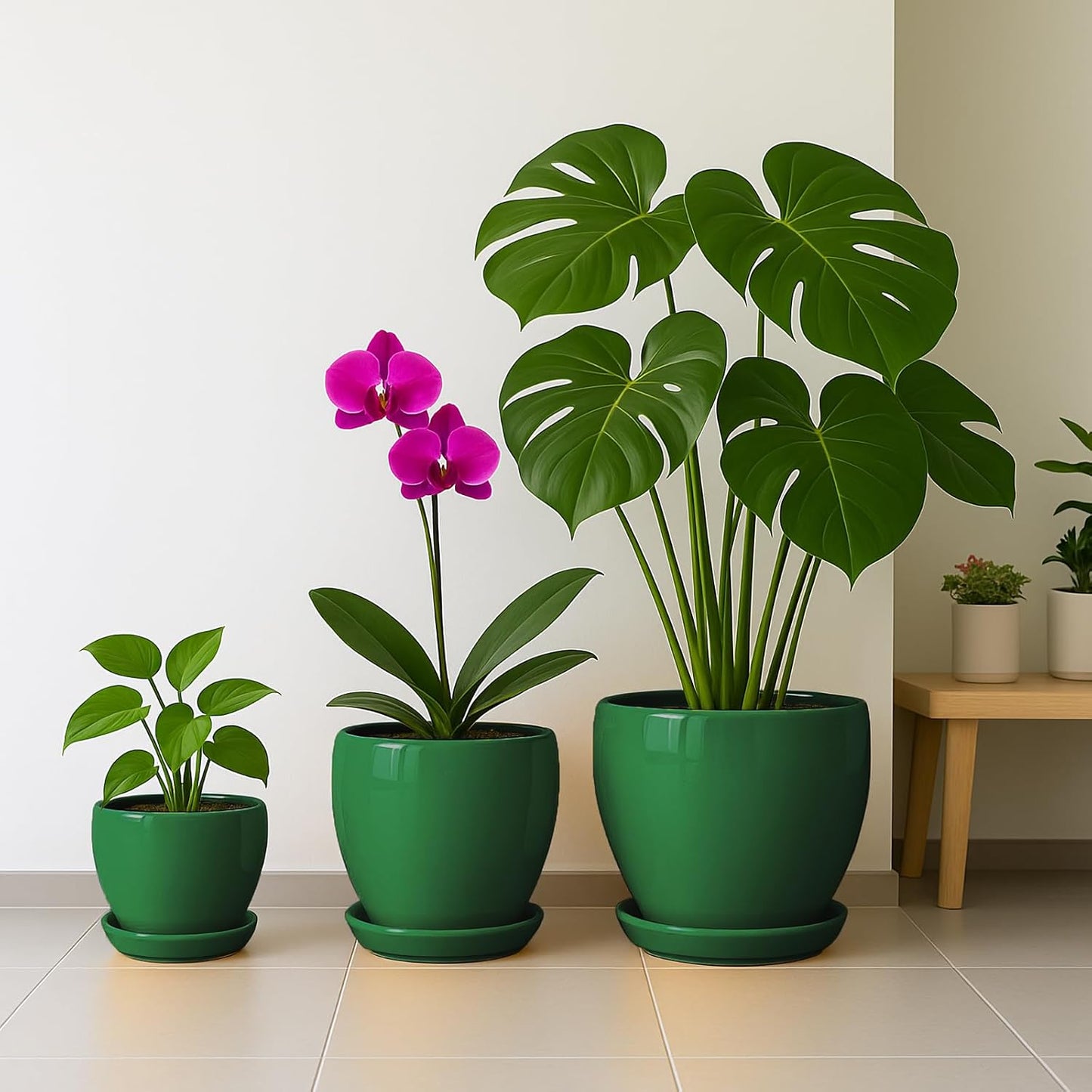 Deep Dream 10 Inch Plant Pot- Ceramic Planter Pot Round Plant Pots for Indoor Plants Outdoor Large Flower Pot with Drainage Holes & Trays, Green