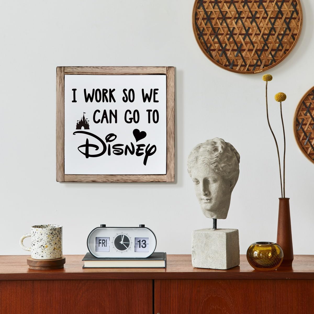 Inspirational Disney Wall Art, Rustic Office Decor - Wood Sign for Desk Accessories & Gifts, Works So You Can Go to Disney
