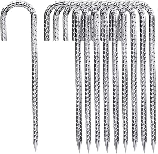 Ground-Stakes-Heavy-Duty-12-Inch, J Hook Rebar Stakes Galvanized Anti-Rust 10pcs Metal Stakes for Ground Heavy Duty Ground Anchors for Garden Dog Fence Chicken Coop Deer Fence
