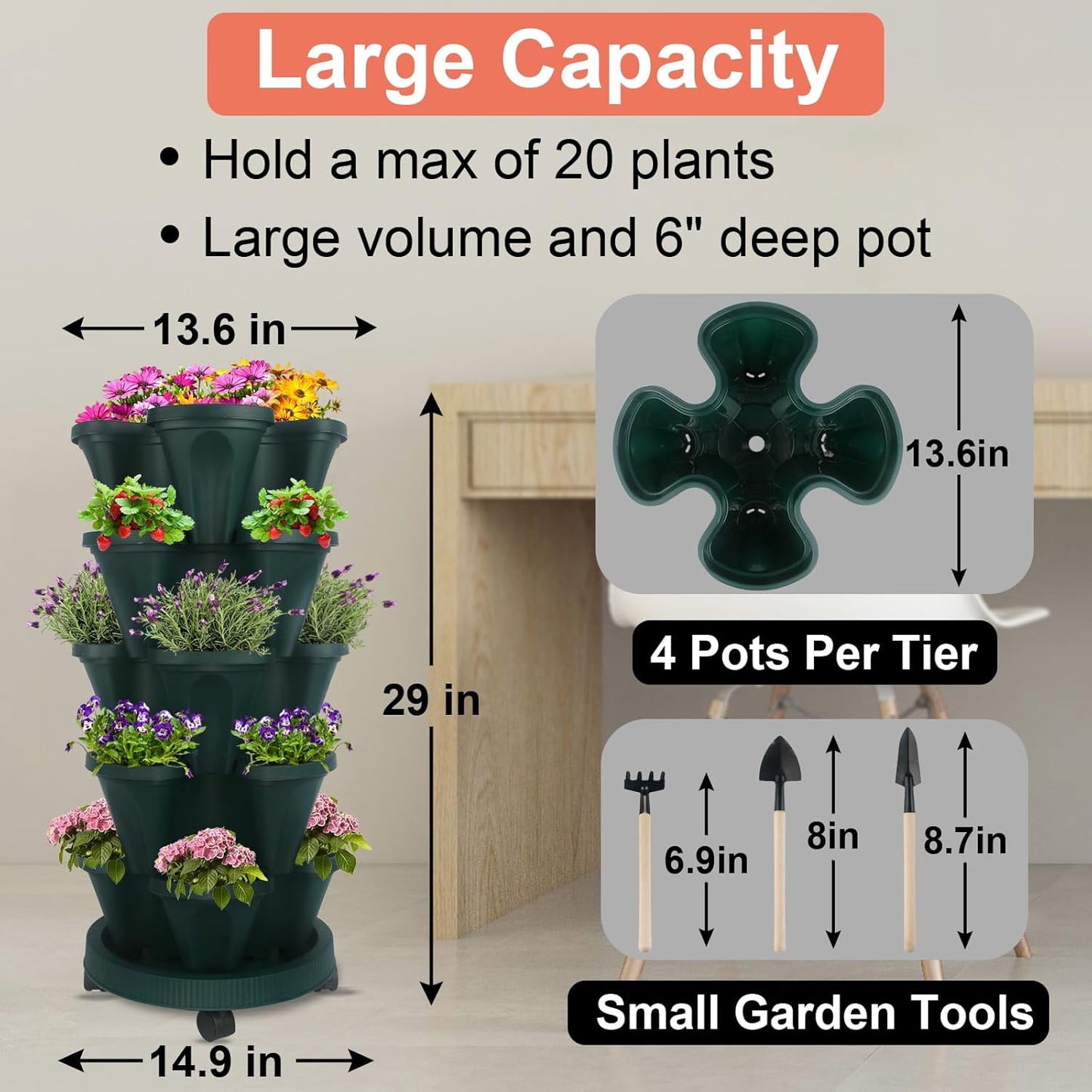DUNCHATY Stackable Polypropylene Planters, 5-Tier, Pine Green, Indoor/Outdoor, 29" Height x 13.6" Diameter