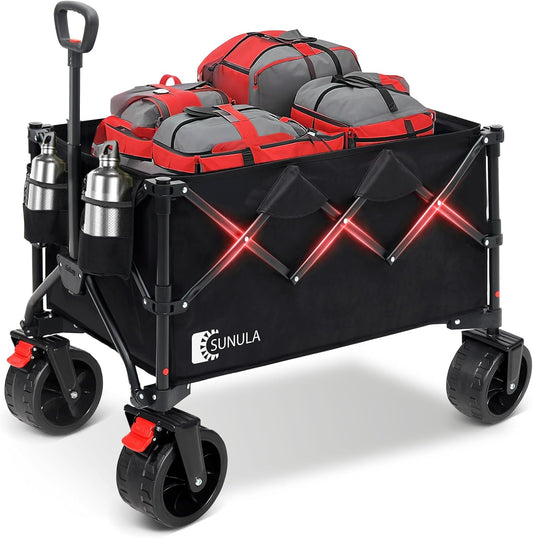 Collapsible Wagon Cart with 440lbs Weight Capacity, Heavy Duty Foldable Wagon with Big All-Terrain Wheels & Drink Holders, Utility Carts for Camping, Garden, Outdoor, Grocery, Sports. Black