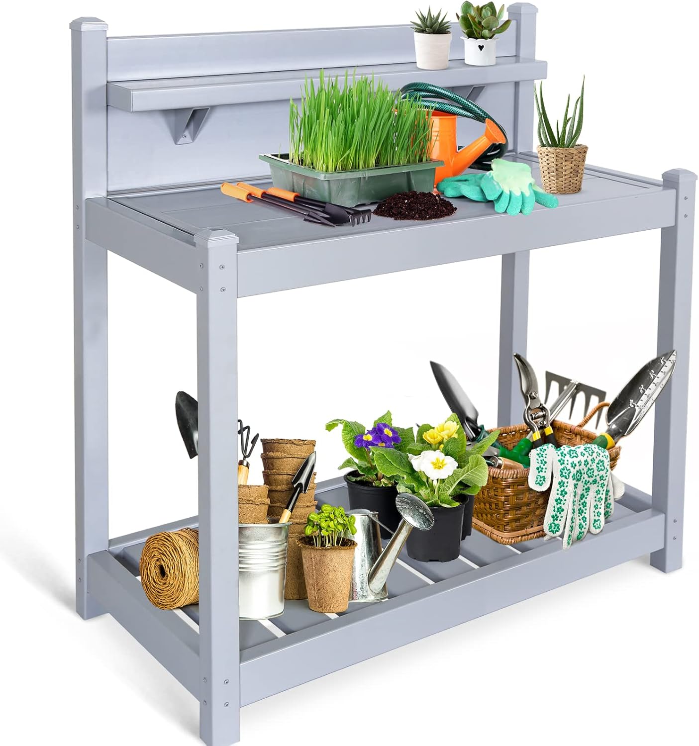 EAGLE PEAK Outdoor Indoor Maintenance Free Vinyl Garden Potting Bench, Waterproof Potting Table with Open Shelf, Lower Storage, 40inx21.6inx43.9in, Gray