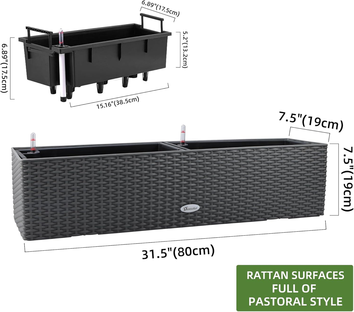 Dexceder 31.5 Inch Rattan Self Watering Planter Indoor Outdoor, Thickened Large Rail Flower Plant Pot Window Box with Water Level Indicators & Bracket (Deep Gray)