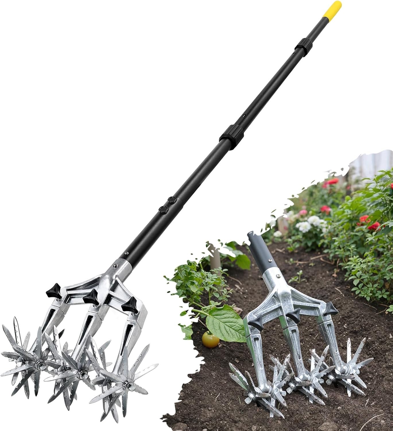 Colwelt Rotary Cultivator Garden Tool 61’’, Hand Tiller Garden Tool with Detachable Aluminum Tines, Cultivators for Gardening Soil or Reseeding Grass, Manual Cultivators & Tillers for Flowers Beds