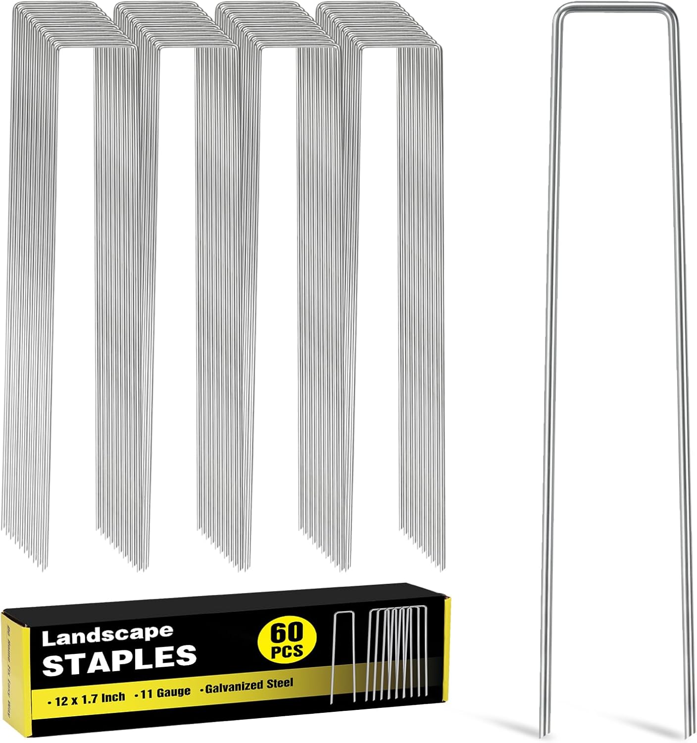 HongWay 60 Pack 12 Inch Landscape Staples, Tent Stakes Heavy Duty Galvanized 11 Gauge Garden Pins Ground Staples for Lawn Yard Fence Landscaping Fabric Outdoor Decorations