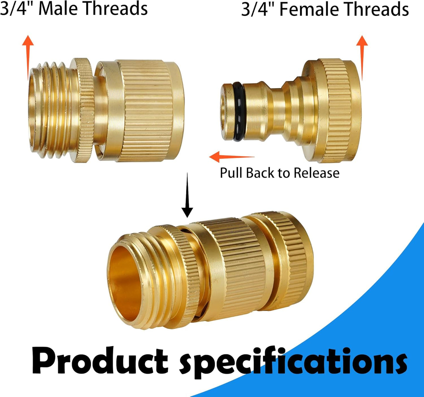 Hourleey Garden Hose Quick Connect, 4 Set Solid Brass 3/4 Inch GHT Thread Garden Hose Quick Connect Fittings, No-Leak Male and Female Water Hose Quick Release Connectors