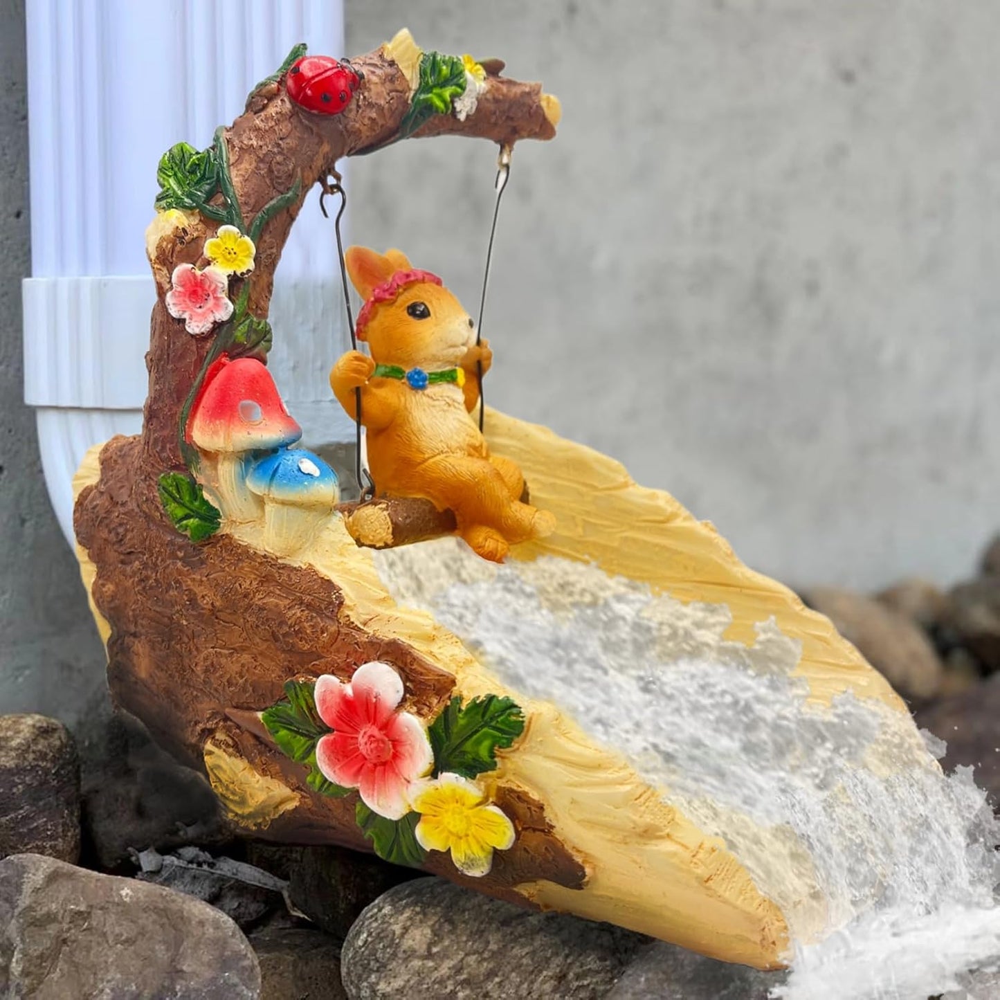 Rabbit On The Swing Gutter Downspout Extension Decoration,Rain Downspout Diverter Garden Statue,Decorative Gutter Extension,Downspout Splash Block,Animal Resin Statue Outdoor Décor
