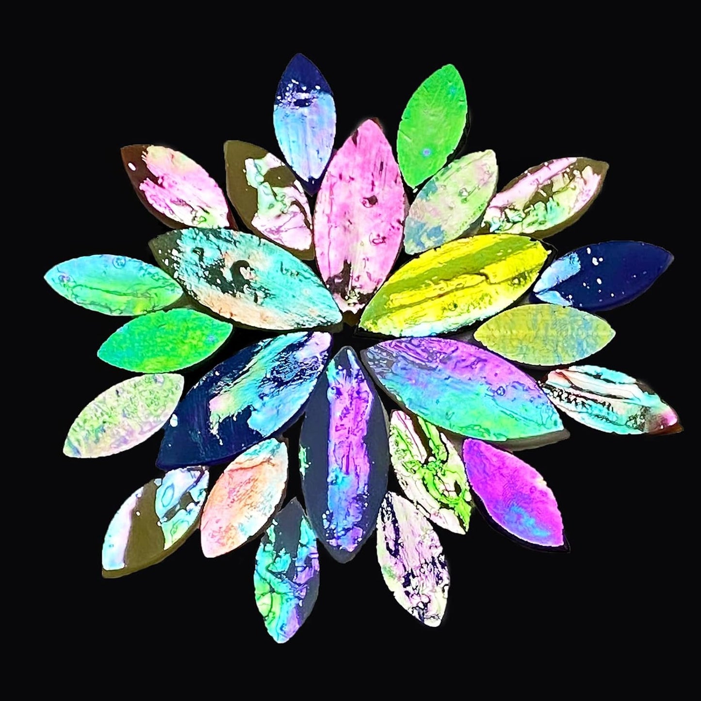 120 Pcs Iridescent Glass Petal Mosaic Tiles for Crafts, Stained Glass Supplies, Flower Leaves Mosaic Pieces Kit, Assorted Size and Rainbow Colors