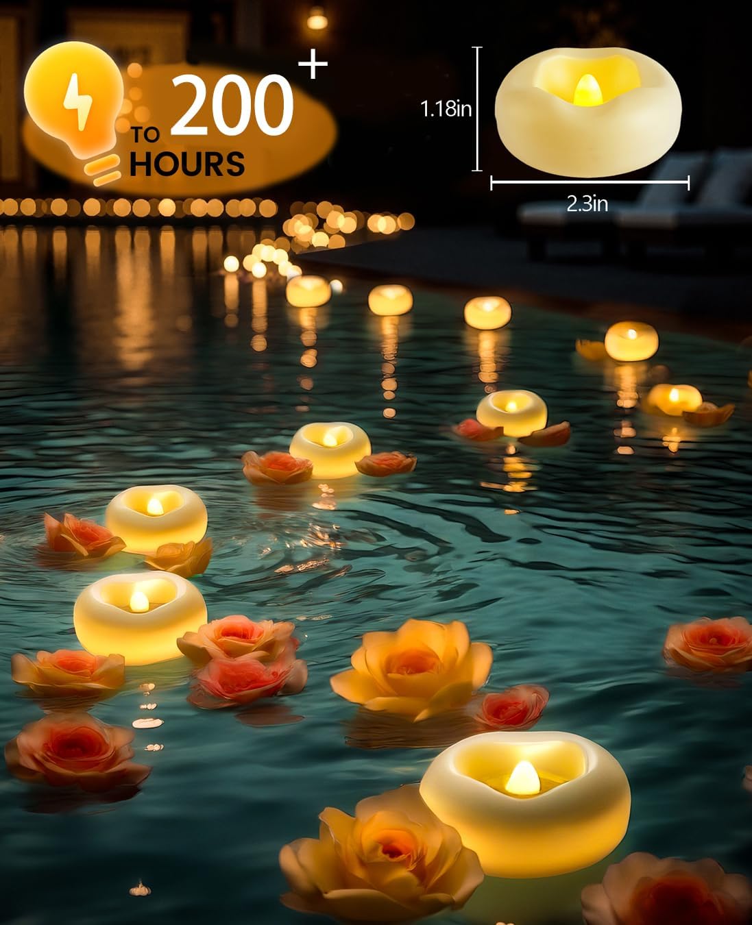 24 x 2”Floating Candle, 200 Hour Water Activated Warm White Battery Powered Flameless LED Floating Candle Floating for centerpieces/Bathtub/Pool/Fountain