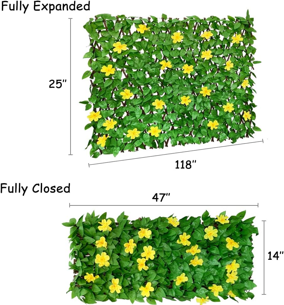 Expandable Fence Privacy Screen for Balcony Patio Outdoor,Decorative Faux Ivy Fencing Panel,Artificial Hedges (Single Sided Leaves) (4, Yellow Flowers)