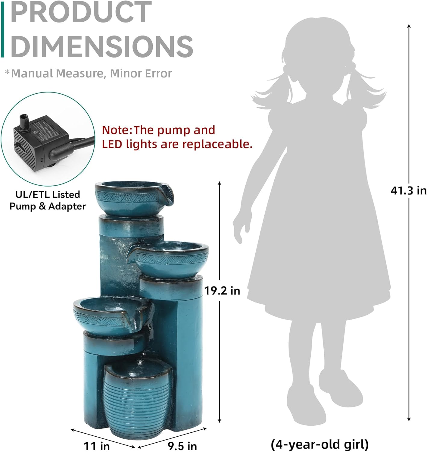 Autodaya 19.3" H Pedestal Outdoor Water Fountain with LED Lights and Pump, 4-Tier Cascading Water Feature, Tranuil Waterfall for Relaxing Garden, Patio, Yard, or Porch, Turquoise, Faux Ceramic Finish