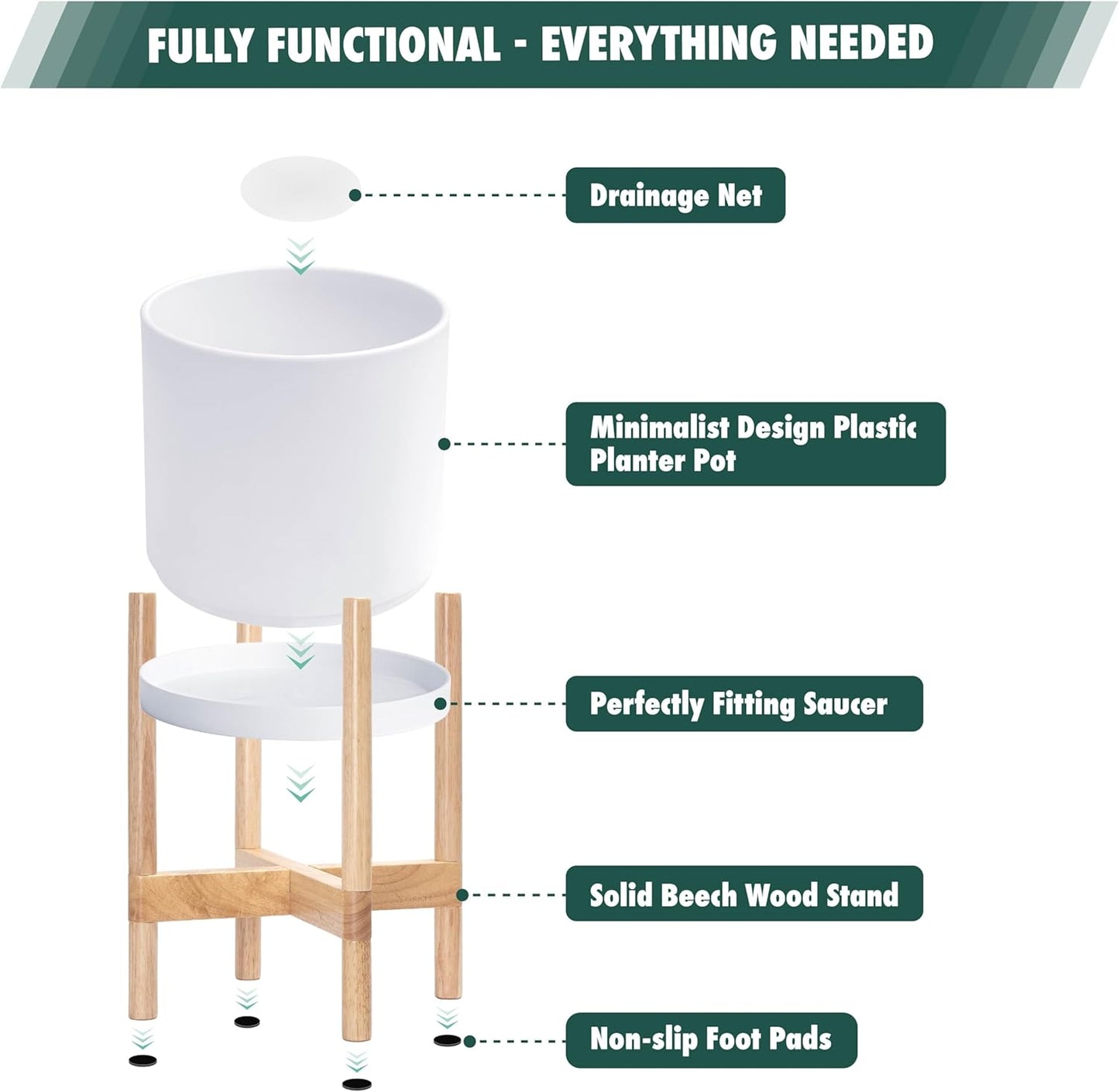 D'vine Dev Planter Pot with Stand - 12 Inch Plastic Cylinder Flower Pot with Wood Planter Holder for Indoor, Matte White Pot + Natural Stand, 55-C-P-1