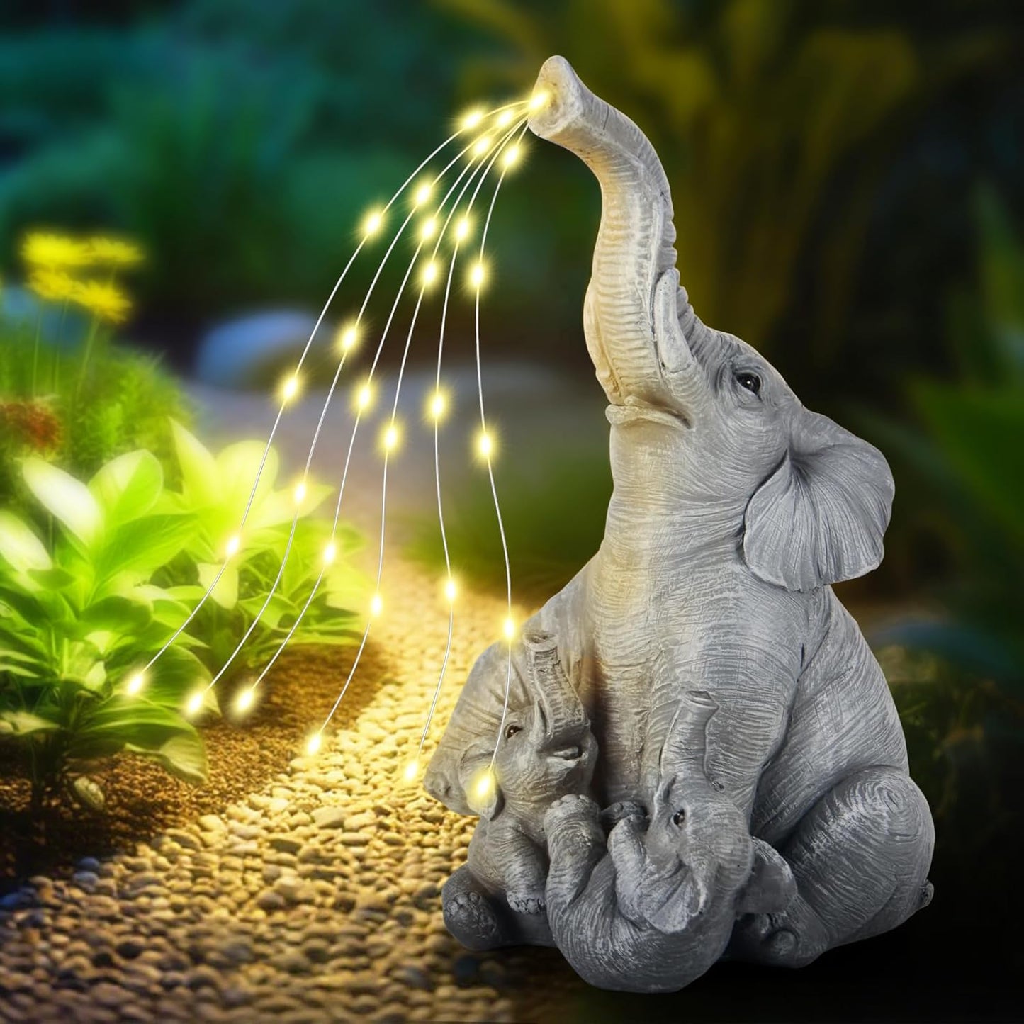 Solar Garden Decor Statue – Outdoor Unique Elephant Family Resin Figurine for Patio, Yard, Lawn, Balcony – IP65 Waterproof Elephant Ornament, Birthday Gifts for Mom, Grandma, Women