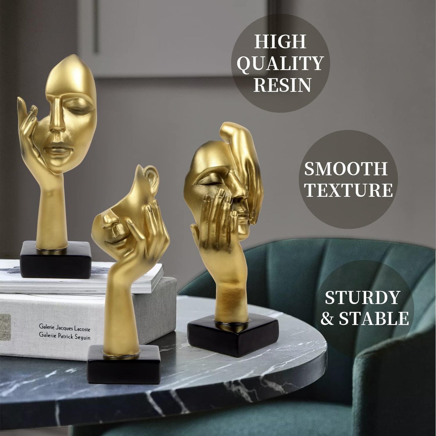 3 Pcs Thinker Statue,Modern Home Resin Sculptures,Collectible Figurines for Home Office Bookshelf Desktop Decor(Golden)