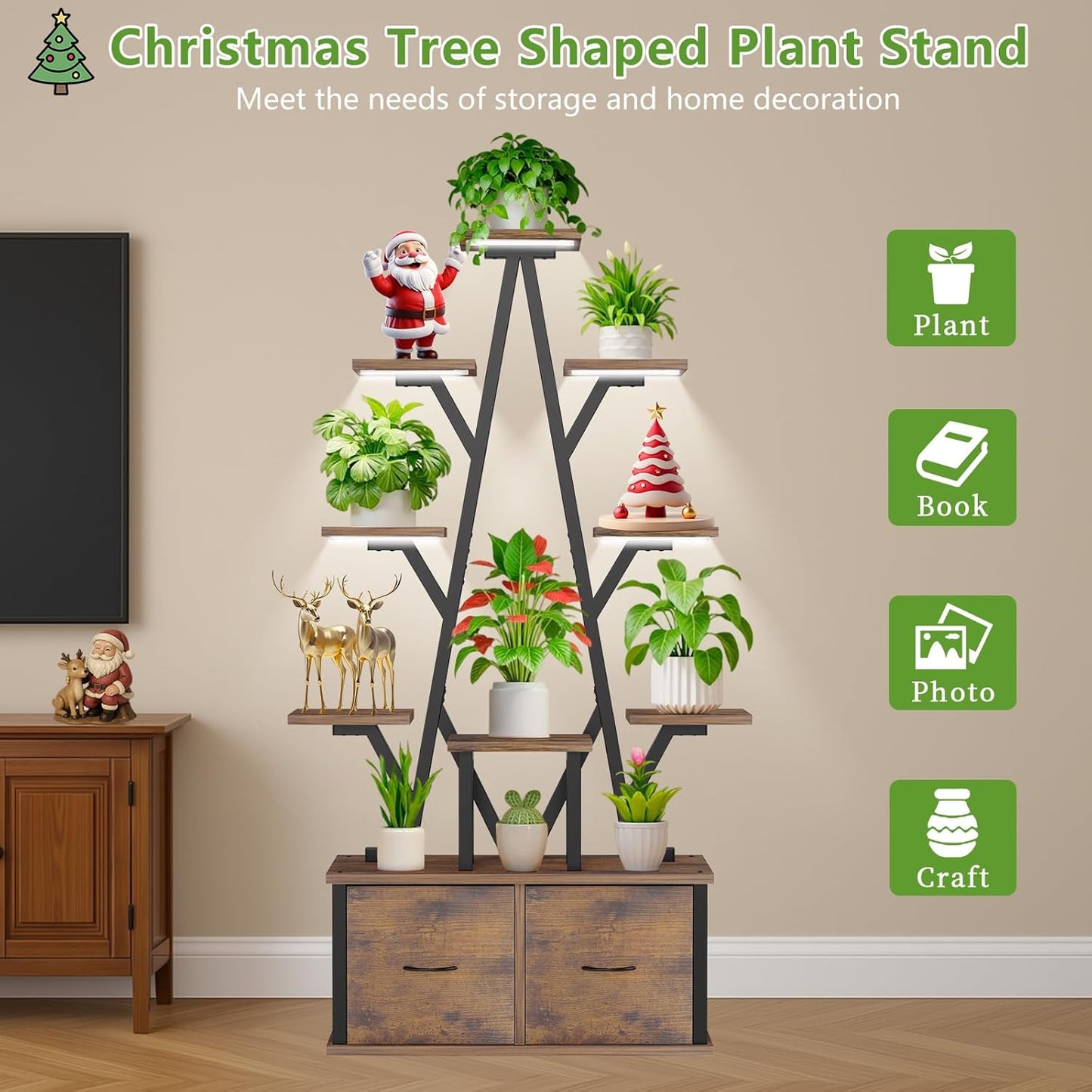 Plant Stand Indoor with Grow Lights - 10 Tiered Plant Shelf with 2 Removable Drawers, 65" Tall Plant Shelf with Grow Light Holds 13 Pot Plants, Christmas Tree Shaped Plant Stand for Home, Living Room